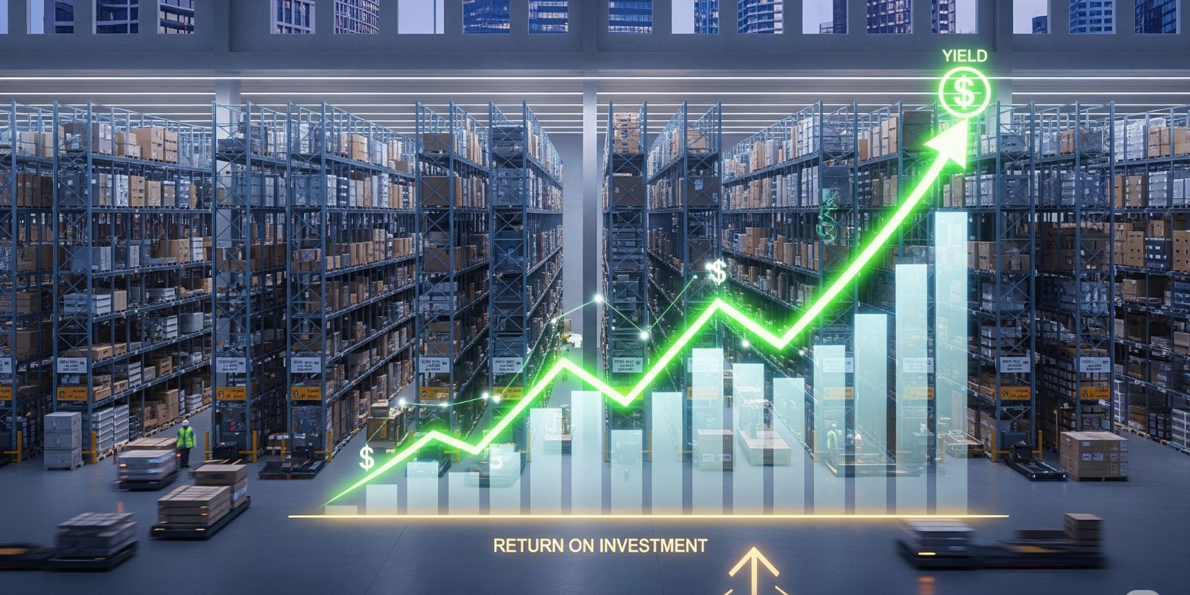 Eine moderne Logistikhalle mit einer darüber liegenden, leuchtenden Finanzgrafik, die den Aufwärtstrend des Yields und die Rendite eines Immobilieninvestments symbolisiert.